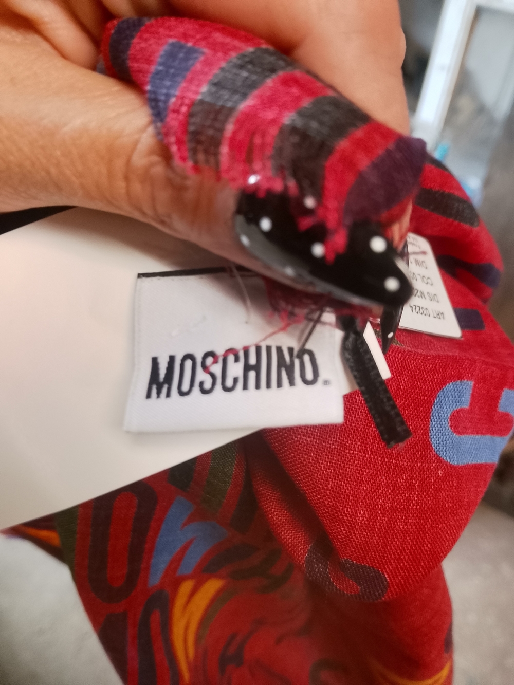 Moschino Red Multicolor Logo Pattern Scarf - Picture 2 of 5